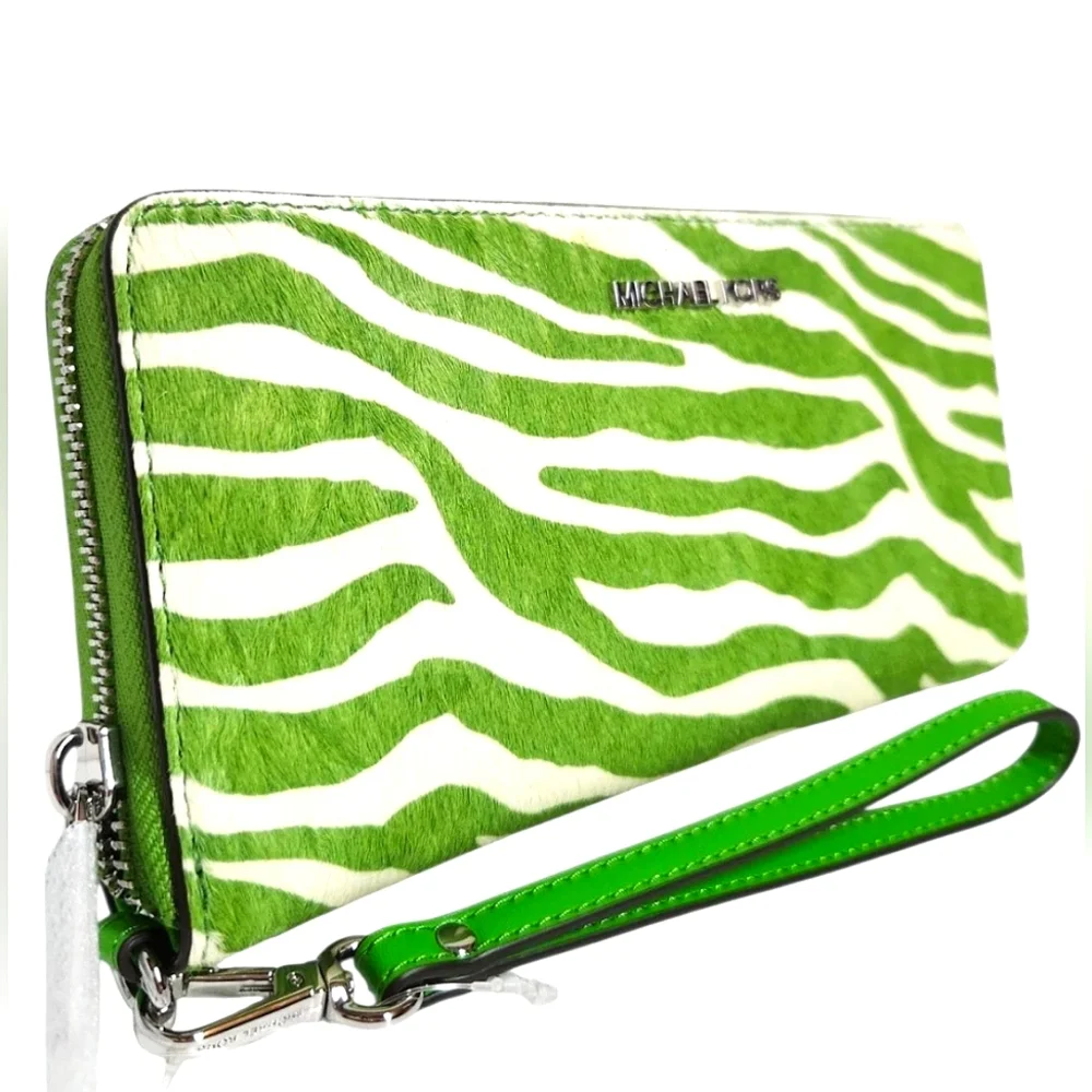 Michael Kors Jet Set Travel Zebra Print Calf Hair Continental Wallet Green